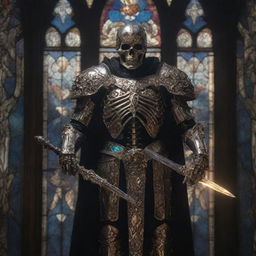 A skeleton clad in shining, ornate paladin armor, wielding a holy sword glowing with radiant energy. Set against a dark, gothic backdrop with ethereal light filtering through a stained glass window.