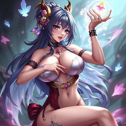 A beautiful and alluring version of Mona from Genshin Impact, depicted tastefully in a seductive pose