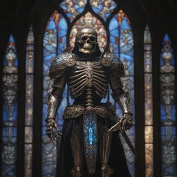 A skeleton clad in shining, ornate paladin armor, wielding a holy sword glowing with radiant energy. Set against a dark, gothic backdrop with ethereal light filtering through a stained glass window.