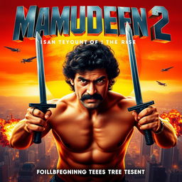 dynamic action movie poster for "Mamudeen 2: The Beginning of the Rise of The Return" featuring the main character with a round face, curly hair, and a striking mustache