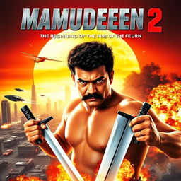 dynamic action movie poster for "Mamudeen 2: The Beginning of the Rise of The Return" featuring the main character with a round face, curly hair, and a striking mustache