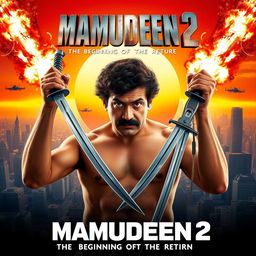 dynamic action movie poster for "Mamudeen 2: The Beginning of the Rise of The Return" featuring the main character with a round face, curly hair, and a striking mustache