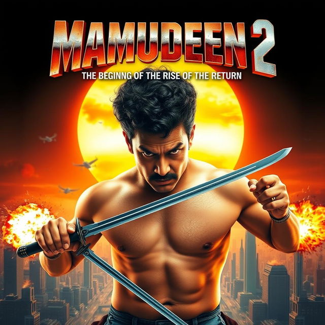 dynamic action movie poster for "Mamudeen 2: The Beginning of the Rise of The Return" featuring the main character with a round face, curly hair, and a striking mustache