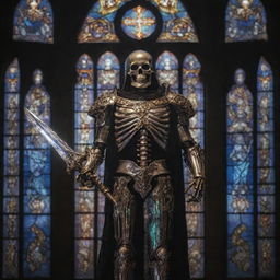 A skeleton clad in shining, ornate paladin armor, wielding a holy sword glowing with radiant energy. Set against a dark, gothic backdrop with ethereal light filtering through a stained glass window.