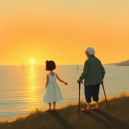 At sunset, a little girl in a white dress holds hands with an elderly grandfather, who has greying hair and is using a walking stick