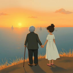 At sunset, a little girl in a white dress holds hands with an elderly grandfather, who has greying hair and is using a walking stick