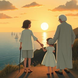 At sunset, a little girl in a white dress holds hands with an elderly grandfather, who has greying hair and is using a walking stick