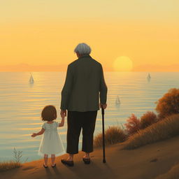 At sunset, a little girl in a white dress holds hands with an elderly grandfather, who has greying hair and is using a walking stick