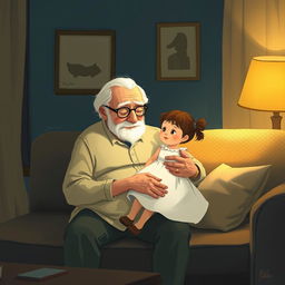 At night, an elderly grandfather with white hair sits on a sofa, gently holding a little girl dressed in a white dress