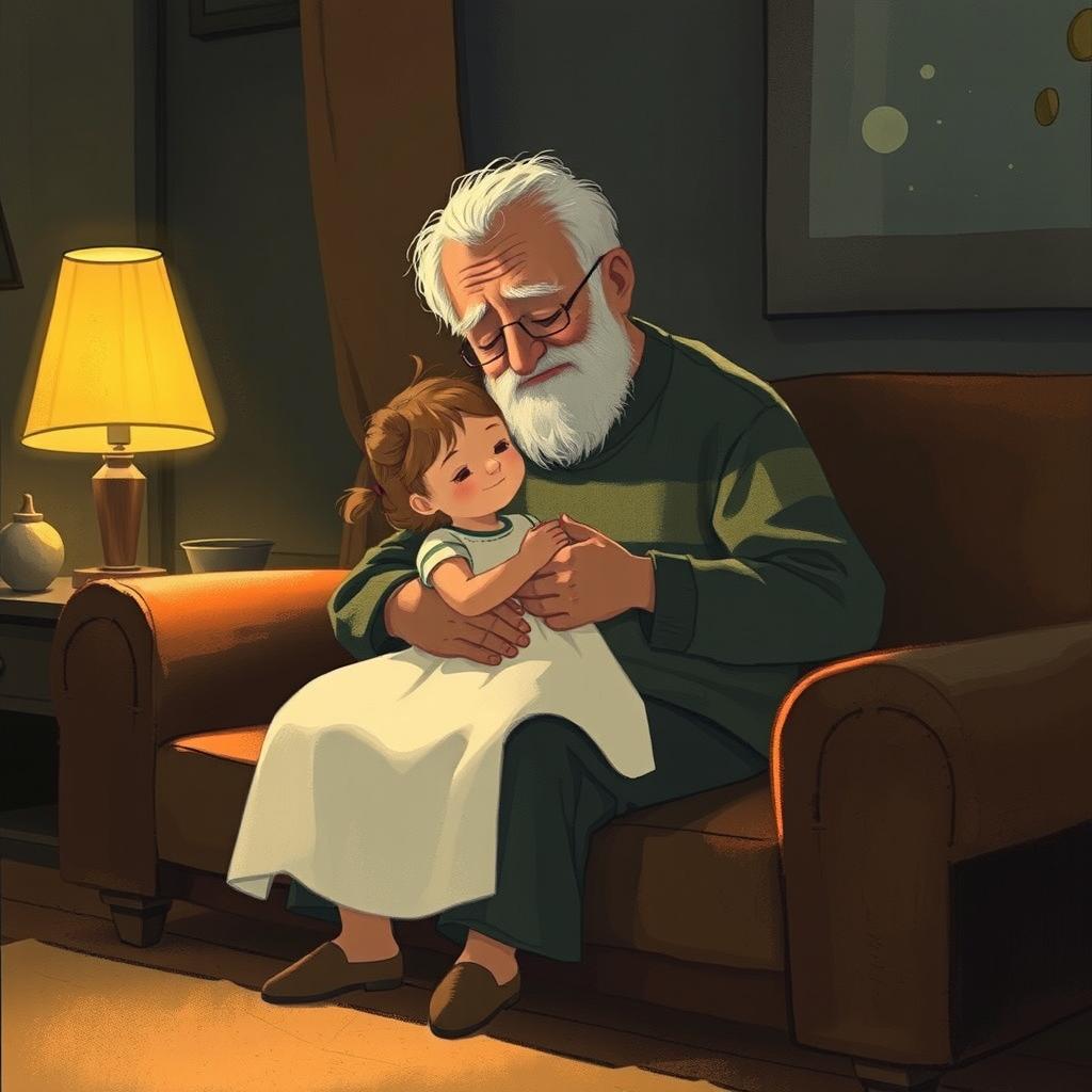 At night, an elderly grandfather with white hair sits on a sofa, gently holding a little girl dressed in a white dress