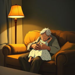 At night, an elderly grandfather with white hair sits on a sofa, gently holding a little girl dressed in a white dress