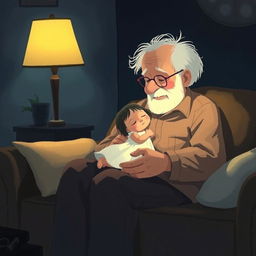 At night, an elderly grandfather with white hair sits on a sofa, gently holding a little girl dressed in a white dress