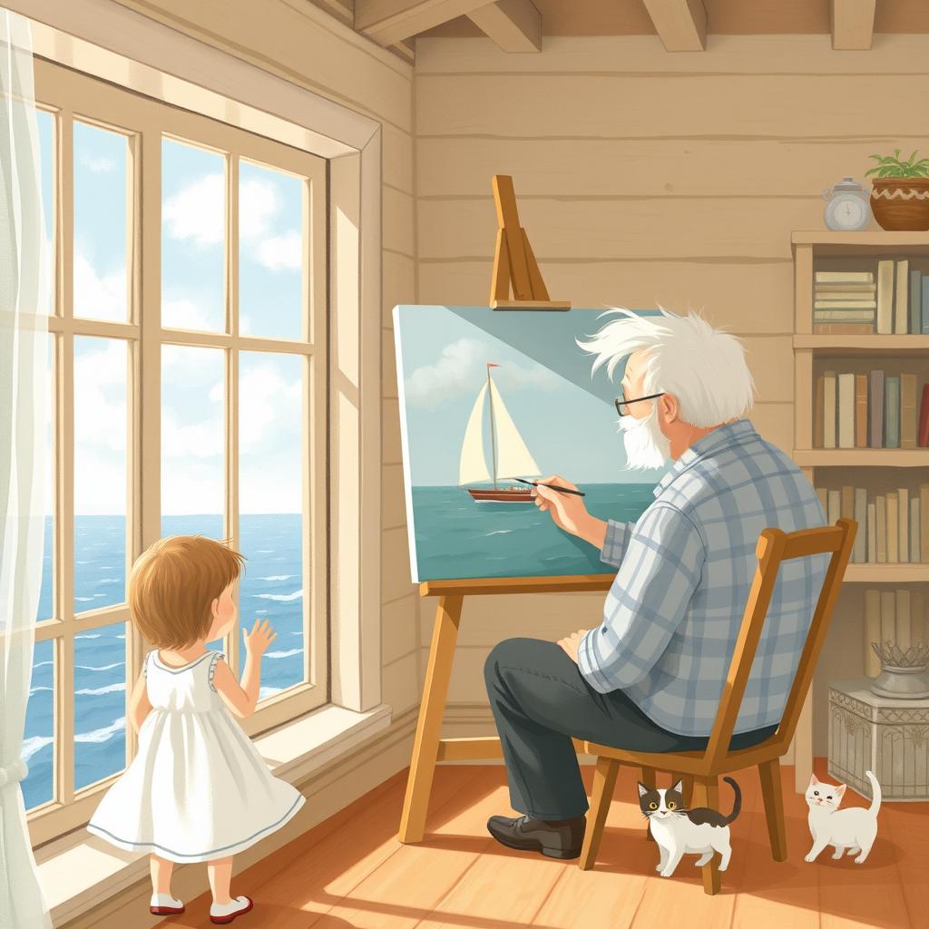 In the afternoon, within a seaside house, an elderly grandfather with white hair paints at a canvas by the window