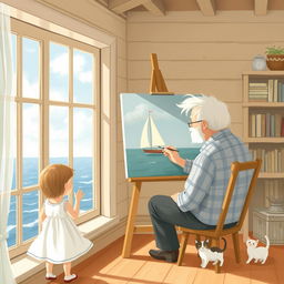 In the afternoon, within a seaside house, an elderly grandfather with white hair paints at a canvas by the window