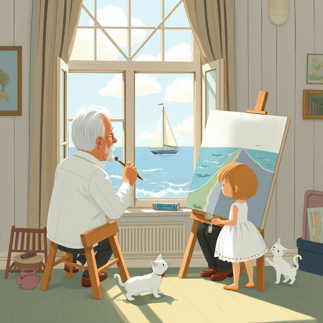 In the afternoon, within a seaside house, an elderly grandfather with white hair paints at a canvas by the window