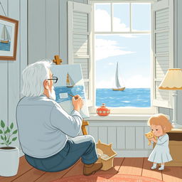 In the afternoon, within a seaside house, an elderly grandfather with white hair paints at a canvas by the window