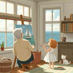 In the afternoon, within a seaside house, an elderly grandfather with white hair paints at a canvas by the window