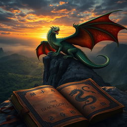 A majestic dragon perched atop a rugged cliff, its scales shimmering in shades of emerald and gold under a dramatic sunset sky