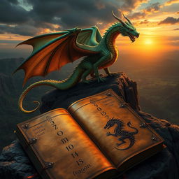 A majestic dragon perched atop a rugged cliff, its scales shimmering in shades of emerald and gold under a dramatic sunset sky