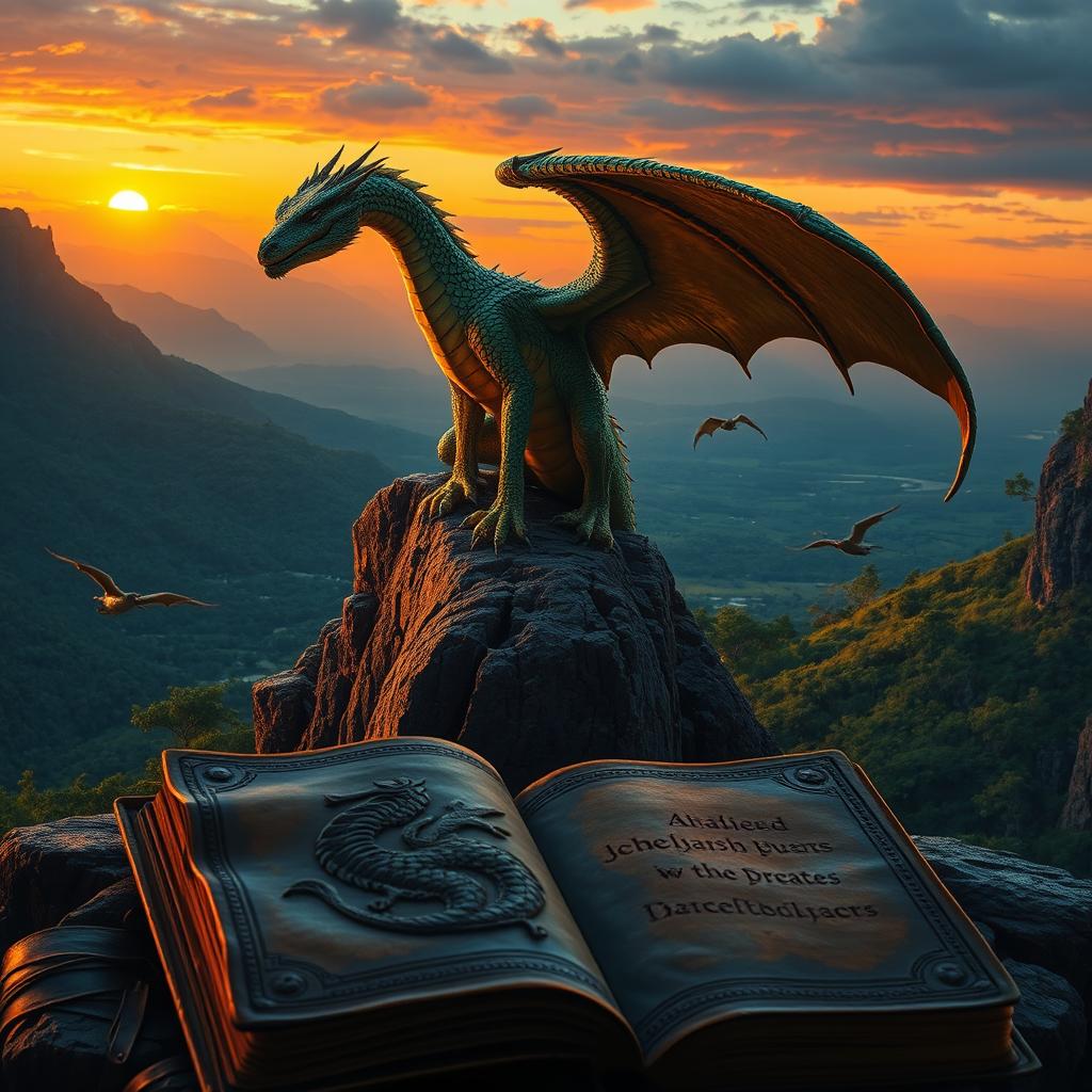 A majestic dragon perched atop a rugged cliff, its scales shimmering in shades of emerald and gold under a dramatic sunset sky