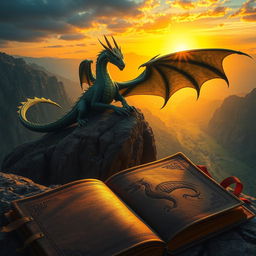 A majestic dragon perched atop a rugged cliff, its scales shimmering in shades of emerald and gold under a dramatic sunset sky