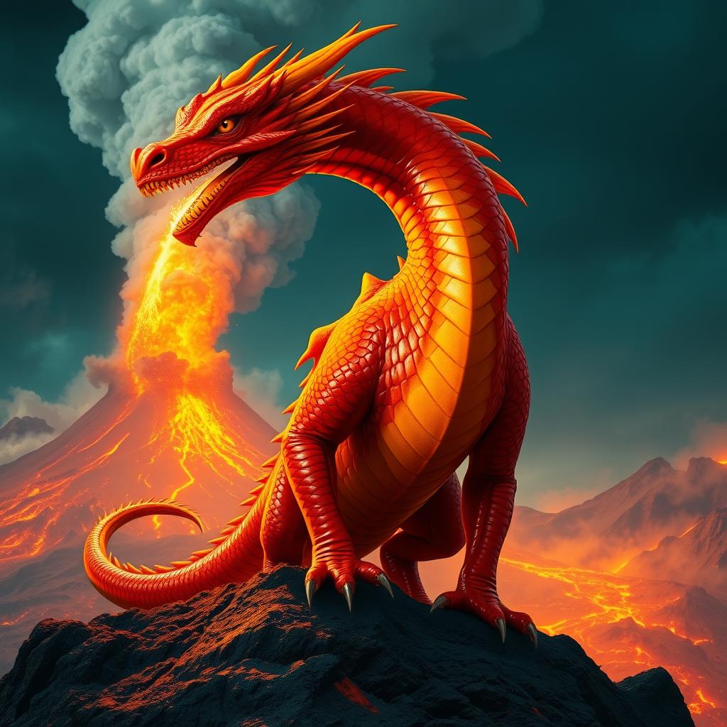 A powerful red and orange dragon standing proudly on a dark rock, its scales glistening in hues of fiery red and warm orange