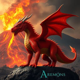 A powerful red and orange dragon standing proudly on a dark rock, its scales glistening in hues of fiery red and warm orange