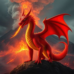 A powerful red and orange dragon standing proudly on a dark rock, its scales glistening in hues of fiery red and warm orange