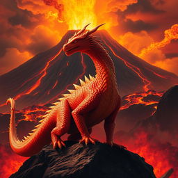 A powerful red and orange dragon standing proudly on a dark rock, its scales glistening in hues of fiery red and warm orange