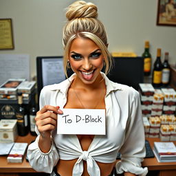 gorgeous blonde with a top bun hairstyle wearing a white blouse tied in the front, emphasizing a large chest and revealing cleavage