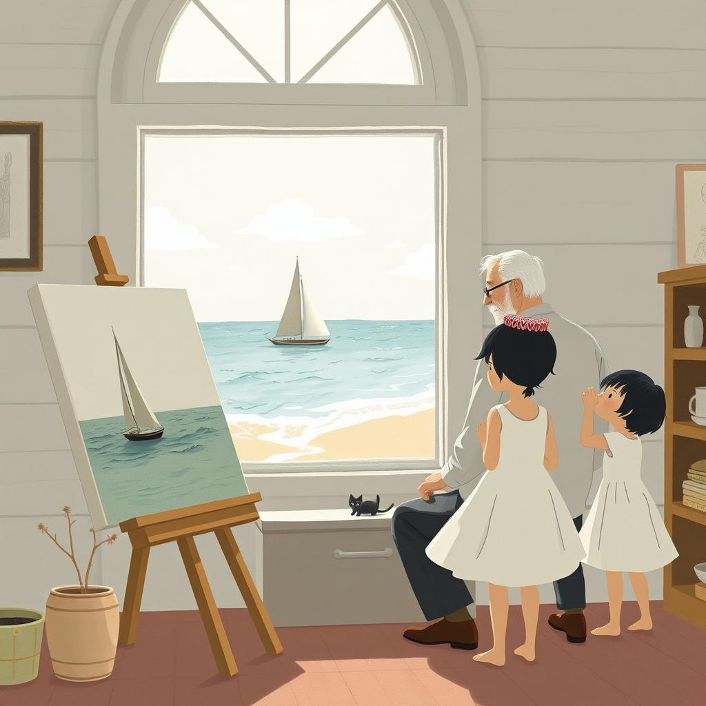 In the afternoon, within a seaside house, an elderly grandfather with white hair paints at a canvas by the window