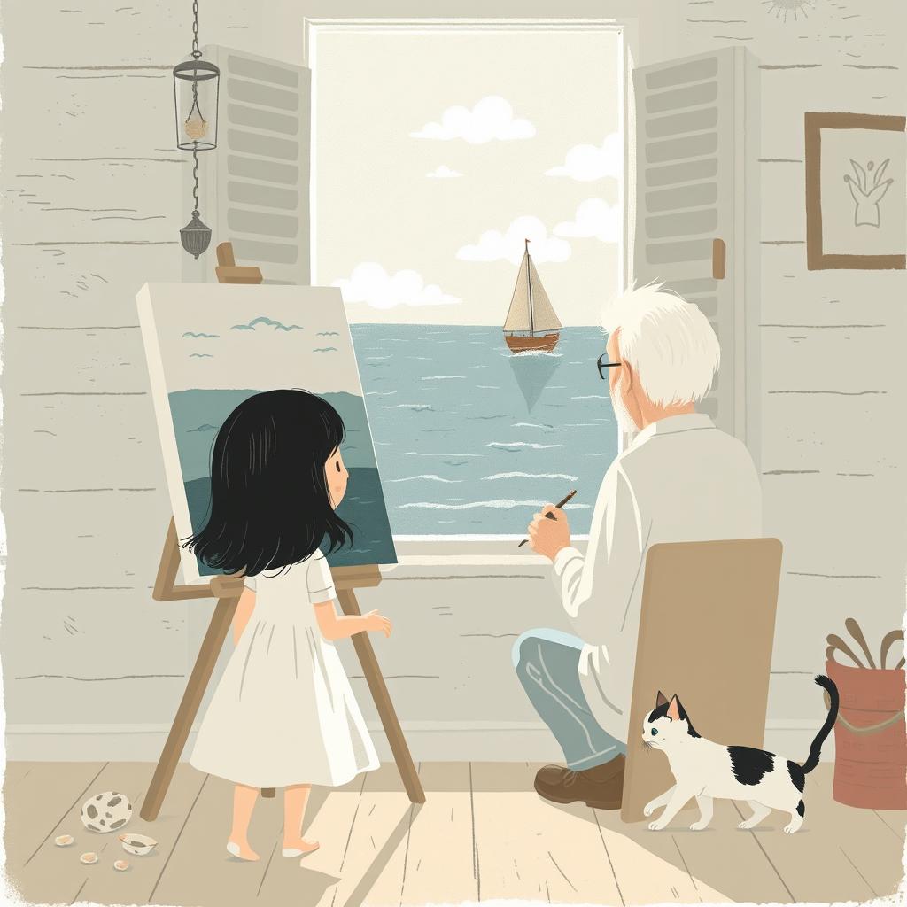 In the afternoon, within a seaside house, an elderly grandfather with white hair paints at a canvas by the window