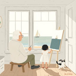 In the afternoon, within a seaside house, an elderly grandfather with white hair paints at a canvas by the window