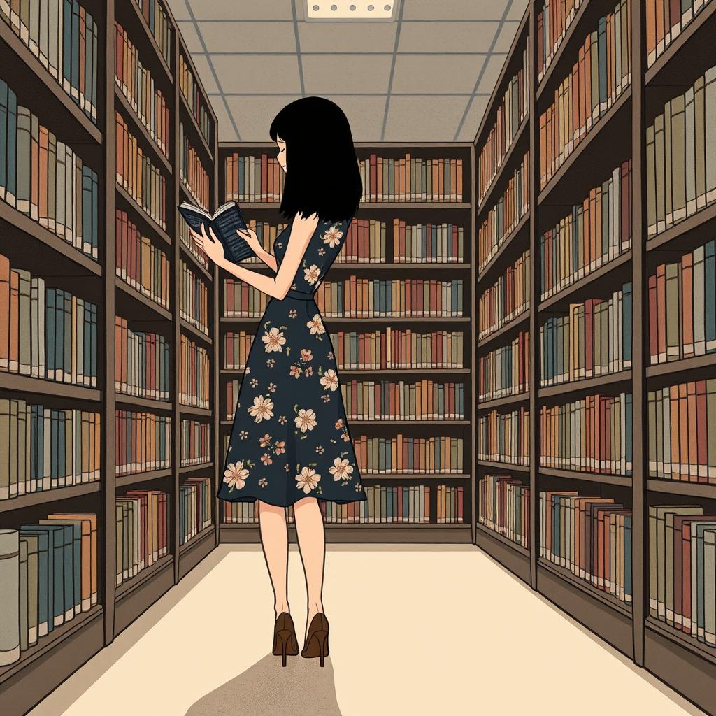 In a library, a black-haired adult woman wearing a floral dress and high heels is organizing books in front of the bookshelves