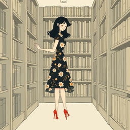 In a library, a black-haired adult woman wearing a floral dress and high heels is organizing books in front of the bookshelves