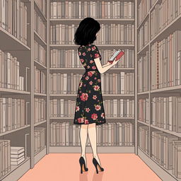 In a library, a black-haired adult woman wearing a floral dress and high heels is organizing books in front of the bookshelves