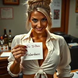 An extreme close-up of a beautiful blonde woman with a top bun hairstyle, wearing a white blouse tied in the front, accentuating her large chest and cleavage