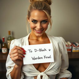 An extreme close-up of a beautiful blonde woman with a top bun hairstyle, wearing a white blouse tied in the front, accentuating her large chest and cleavage