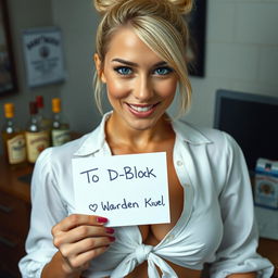 An extreme close-up of a beautiful blonde woman with a top bun hairstyle, wearing a white blouse tied in the front, accentuating her large chest and cleavage