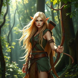 A blonde female wood elf ranger-sage standing gracefully in an enchanted forest