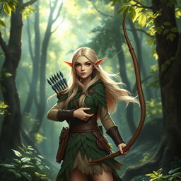 A blonde female wood elf ranger-sage standing gracefully in an enchanted forest