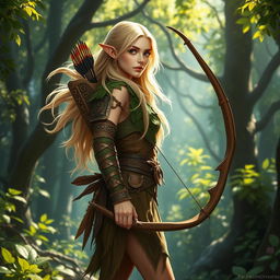 A blonde female wood elf ranger-sage standing gracefully in an enchanted forest