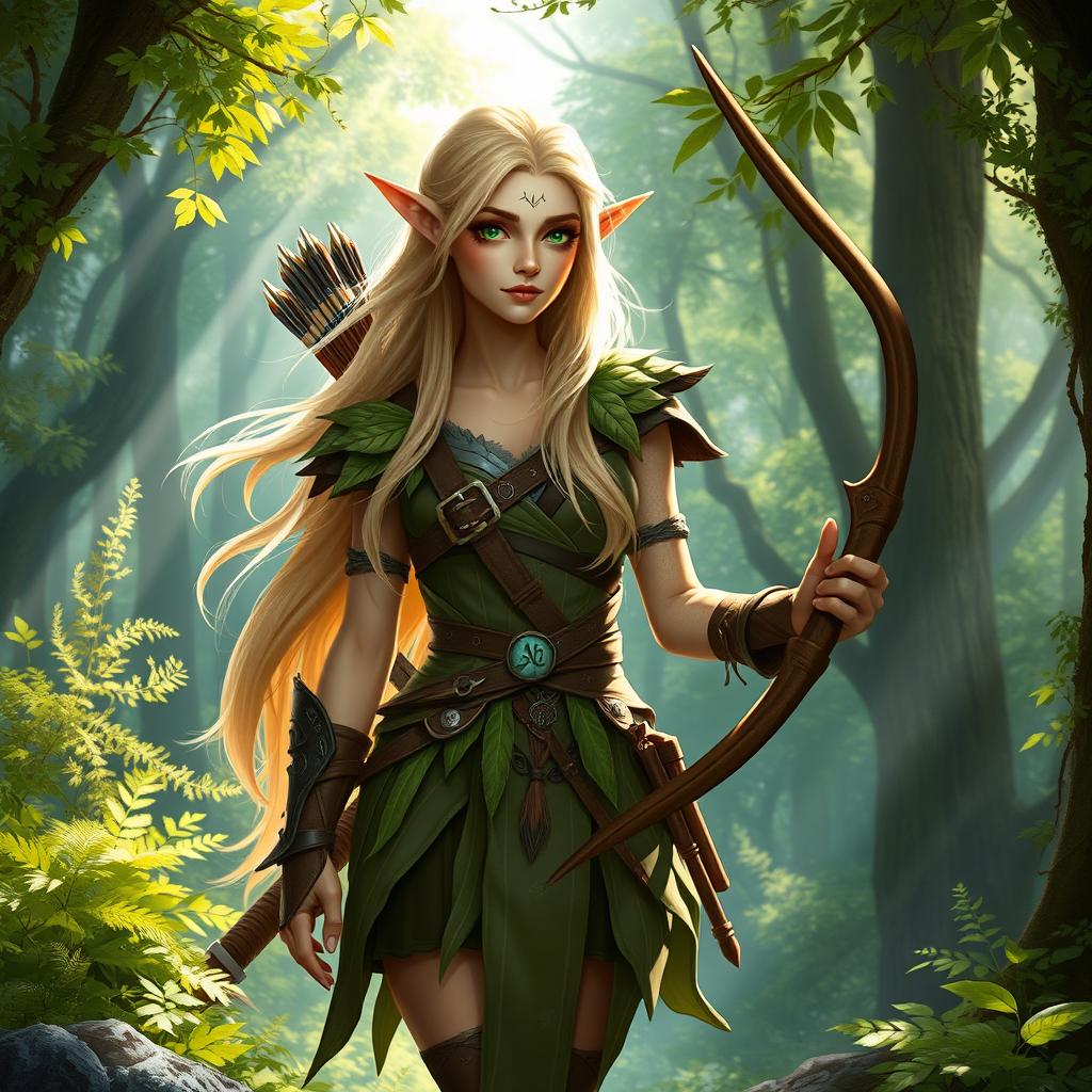 A blonde female wood elf ranger-sage standing gracefully in an enchanted forest