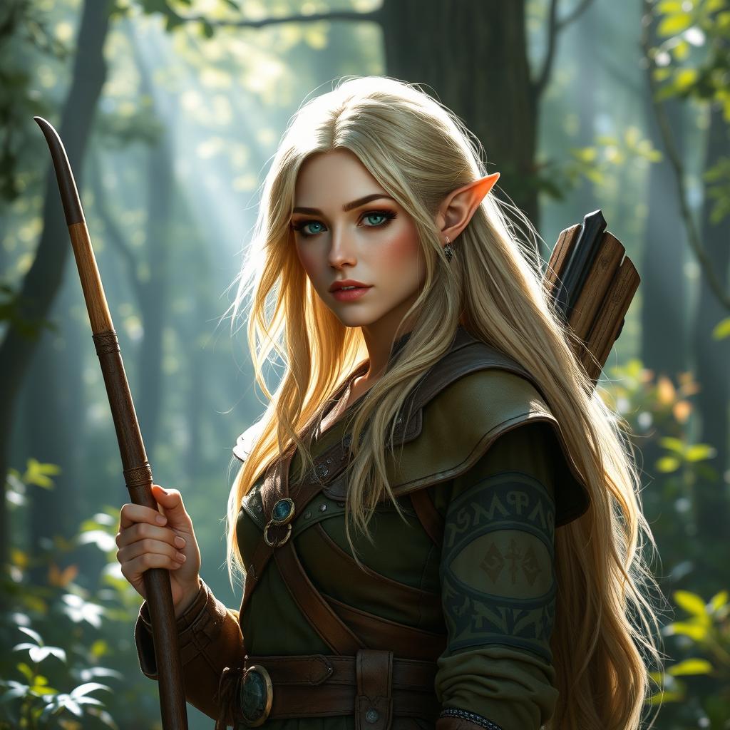 A blonde female wood elf ranger-sage in a mystical forest setting