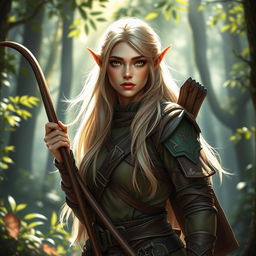 A blonde female wood elf ranger-sage in a mystical forest setting