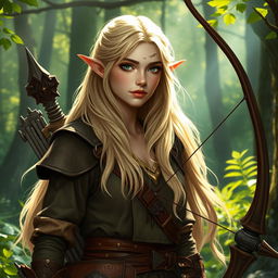 A blonde female wood elf ranger-sage in a mystical forest setting