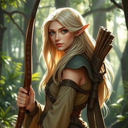 A blonde female wood elf ranger-sage in a mystical forest setting