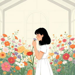 In a flower room, a black-haired adult woman wearing a white dress is gently smelling the fragrance of flowers