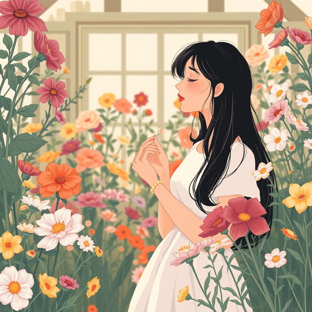 In a flower room, a black-haired adult woman wearing a white dress is gently smelling the fragrance of flowers