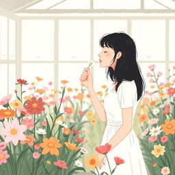 In a flower room, a black-haired adult woman wearing a white dress is gently smelling the fragrance of flowers